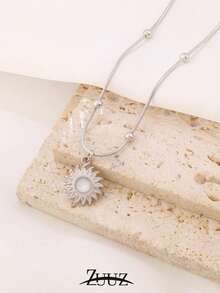 1件装时尚镀金不锈钢天然石太阳吊坠项链，女士派对闺蜜礼物 - 項鍊 - 查看 10