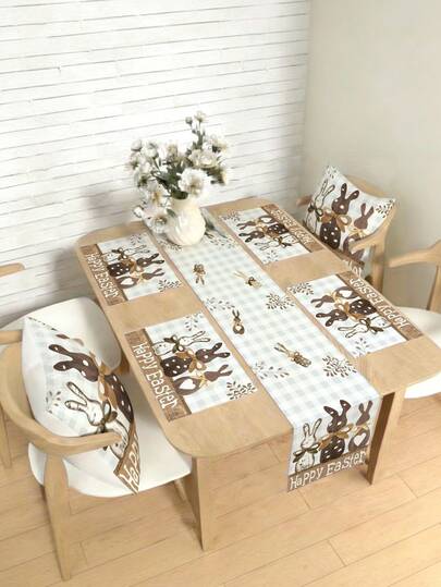 1/4/5/6/7件套复活节装饰套装，包含兔子、复活节彩蛋、复活节快乐图案等，适用于家居装饰、客厅、卧室、餐厅等场所，亚麻质感材质，多种尺寸可选，可作餐桌装饰、壁炉架装饰巾、餐垫、杯垫等，是理想的家居装饰品。