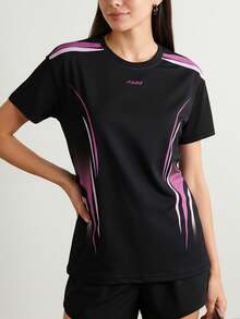 Áo thun thể thao nữ nhanh khô, in chữ "PARIS" với sọc trừu tượng màu hồng, thích hợp cho phòng tập và tập luyện. - màu đen - Xem 1