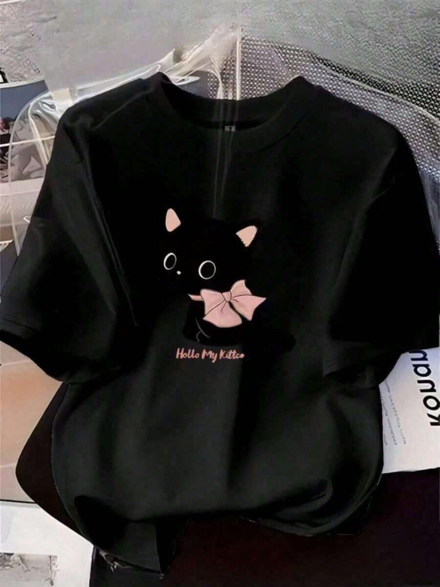 Cute Kitten T-Shirt, 100% Cotton, Delicate, Comfortable, Summer, Short Sleeve, Round Neck - 黑色 - 查看 1