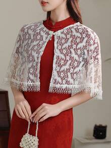 1pc Lace Hollow-Out Tassel Bridal Shawl, New Chinese Style Lightweight Bolero For Spring/Summer, White - White - View 3