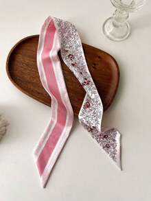1pc Flower Printed Satin Skinny Scarf For Women, Stylish Hairband Or Bag Decoration Head Neck Tie Bandana,Hair Band,Head Band Ideal For Dressing Up Your Look Christmas - 彩色 - 查看 6