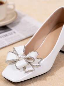 Women's High Heels, Square Toe, Chunky Heel, Pearl And Bow Design, Available In Solid Color Or Multiple Colors, Elegant And Unique, Casual And Comfortable, Suitable For Pairing With Skirts, Dates, Daily Commutes, And Attending Dances And Banquets. - 白色 - 查看 4