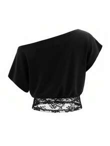 Vestido de playa negro de verano con dobladillo asimétrico/asimétrico de encaje y parches - Negro - Ver 2