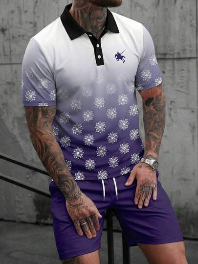 男士渐变印花舒适商务Polo衫和短裤套装