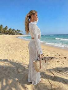 Women's New White Open Collar Long Sleeve Flared Sleeve Front Tie Top With Elastic Waist Straight Skirt, Fashionable Minimalist Casual Vacation Beach Sexy Party Knit Two Pieces Set, Spring And Summer - White - View 5