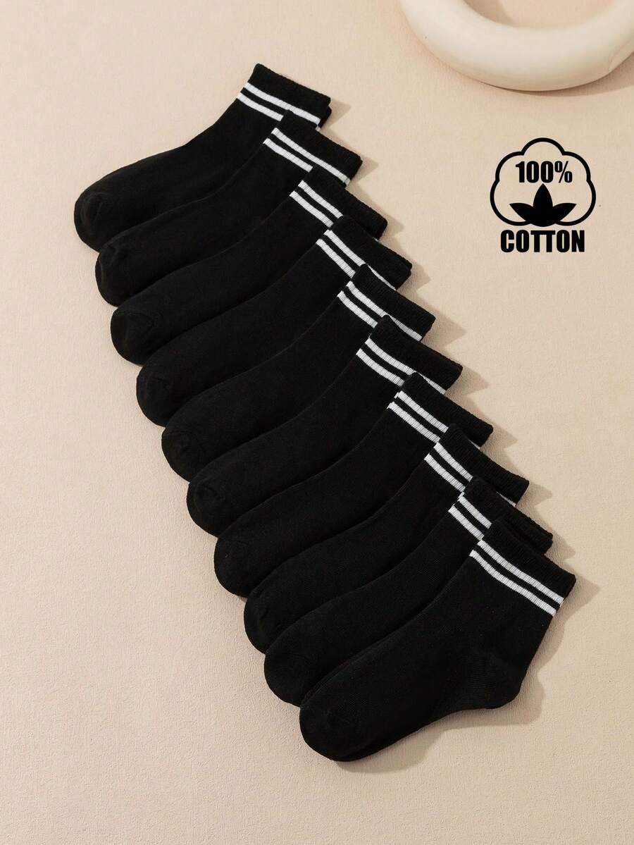 10 Pairs Cotton Children/Youth Student Socks, Daily Casual Socks, Football Sports Mid-Calf Socks - Black - View 1