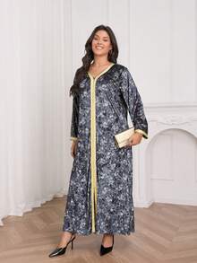 Plus Size V-Neck Long Sleeve Knit Printed Split Dress, Elegant Spring - Dusty Blue - View 4