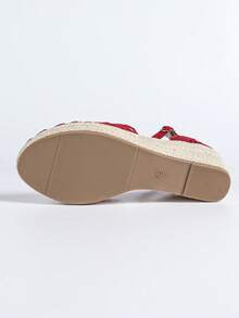 Giày sandal nữ đế xuồng bằng vải lanh, dây thừng, ren, khoét lỗ, mũi tròn, kiểu dáng casual, thoáng khí, gót dày, kiểu sandal ngư dân, đa năng. - Đỏ - Xem 10