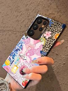 1pc Luxury Leopard Print Electroplated Button Anti-Drop Phone Case Compatible With Samsung Smartphones - Multicolor - View 4