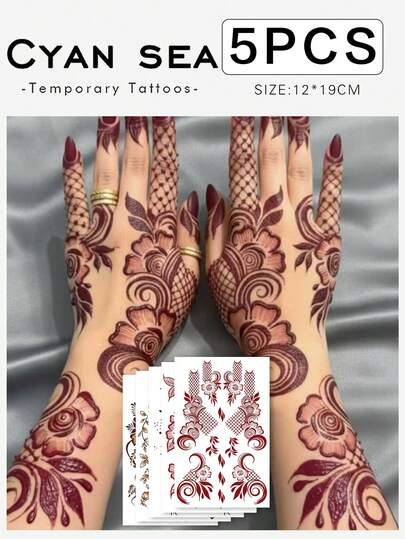 1 Valentine's Day/Ramadan Henna Temporary Tattoo Sticker, Red Lace Flower Spinner Henna/Star Crescent Nail Flower Pattern, Fashionable Hand Nail Art Fake Tattoo, Plant Fake Tattoo - Temporary Tattoo - Popular And Suitable For Birthdays, Weddings, Party Decorations, Lasts 3-5 Days.