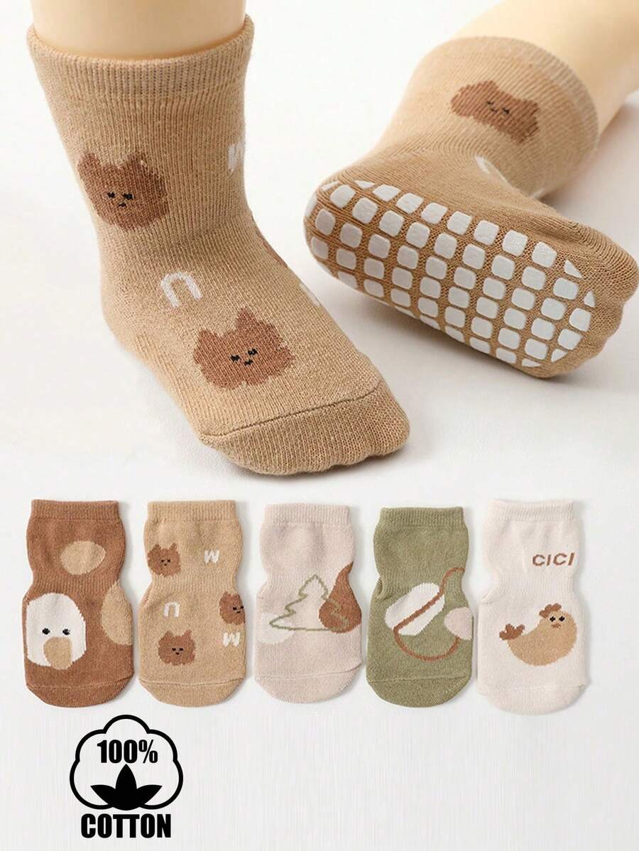 5双装新生儿纯棉防滑室内地板袜，儿童幼儿硅胶底中筒保暖袜 - 彩色 - 查看 1