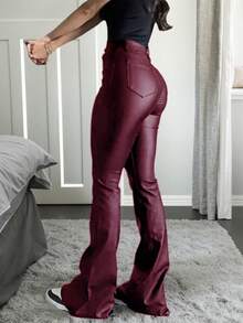 Quần ống loe cạp cao bằng da giả phủ lớp bóng dành cho nữ, thời trang cho các bữa tiệc, đi làm, kỳ nghỉ, lễ hội âm nhạc, mặc thường ngày, phù hợp cho mùa xuân, mùa hè và mùa đông. - Màu Đỏ Sâu - Xem 3