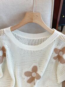 Floral Hollow Out Dropped Shoulder Round Neck Women Vest, Fashionable Casual Elegant Sweet Style Lightweight Summer Clothing - Cream - View 6