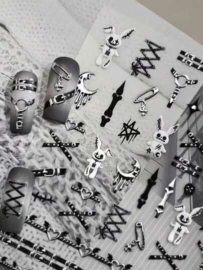 3D哥特朋克美甲贴纸，自粘式，压纹兔子和绑带细节，打造前卫美甲，女生DIY装饰