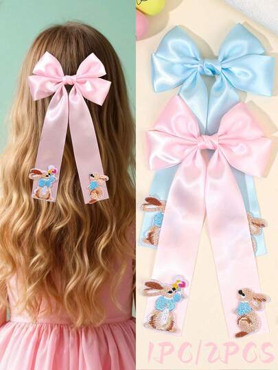 1 pieza/2 piezas Lazos de pelo rosa y azul para niñas en Pascua, con colas largas de cinta, lazos de conejo dulces y lindos, pasadores de pelo con decoración de conejo en unicolor, accesorios de pelo con tema de Pascua para niñas y adolescentes