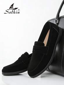 Salkin 1 双男士设计师莫卡辛鞋，绒面革套脚便士乐福鞋，男士真皮鞋，绅士商务社交鞋，男士日常办公派对婚礼鞋，情侣约会鞋，浪漫晚餐鞋，节日礼物鞋，返校学生休闲鞋，学院风，请选择大一码的尺码。 - 黑色 - 查看 8