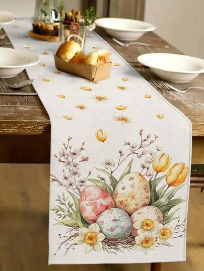 1pc Easter Bunny Pattern Table Runner, Easter Egg Pattern Home Decor Table Runner, Easter Home Decor, 1pc Table Runner, 4pcs Placemats, 1pc Pillow Cover, 3 Products Available, Home Decor Indoor/Outdoor Party Supplies, Room Decoration, Suitable For Spring Home Kitchen Decor And Event Party Decoration