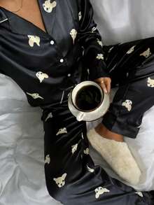 Nina Bonheur 2pcs Women Loose Button Dog Print Long Sleeve Cardigan + Elastic Waist Pants Pajama Set - Black - View 2