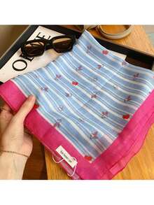 1pc Blue Striped Original Cartoon Cute Cherry Rabbit Small Square Scarf For Women, Versatile Thin Neckerchief, Hair Scarf, Head Wrap, Spring & Autumn - Beige - View 2