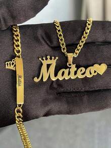 1pc New Custom Name Set Jewelry Stainless Steel Love Crown Name Pendant Engraved Name,18k Gold Electroplated Stainless Steel, Teen/Boy/Girl Bracelet Necklace Set - Multicolor - View 3
