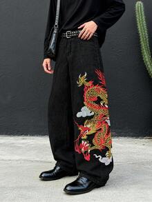 Quần jeans dáng rộng ONE.DINY phong cách retro Mỹ thêu hình rồng đen; quần thường ngày phong cách đường phố Gothic tối màu. - màu đen - Xem 1