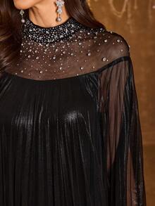 SUPGIR 女士立领串珠亮片拼接薄纱修身晚礼服 - 黑色 - 查看 3