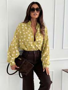 女士优雅黄白波点衬衫 - 宽松H型长袖衬衫，半透明立领上衣，可机洗，适合所有季节，休闲和正式场合皆宜（黄色底，白色波点图案）春季 - 黃色 - 查看 6
