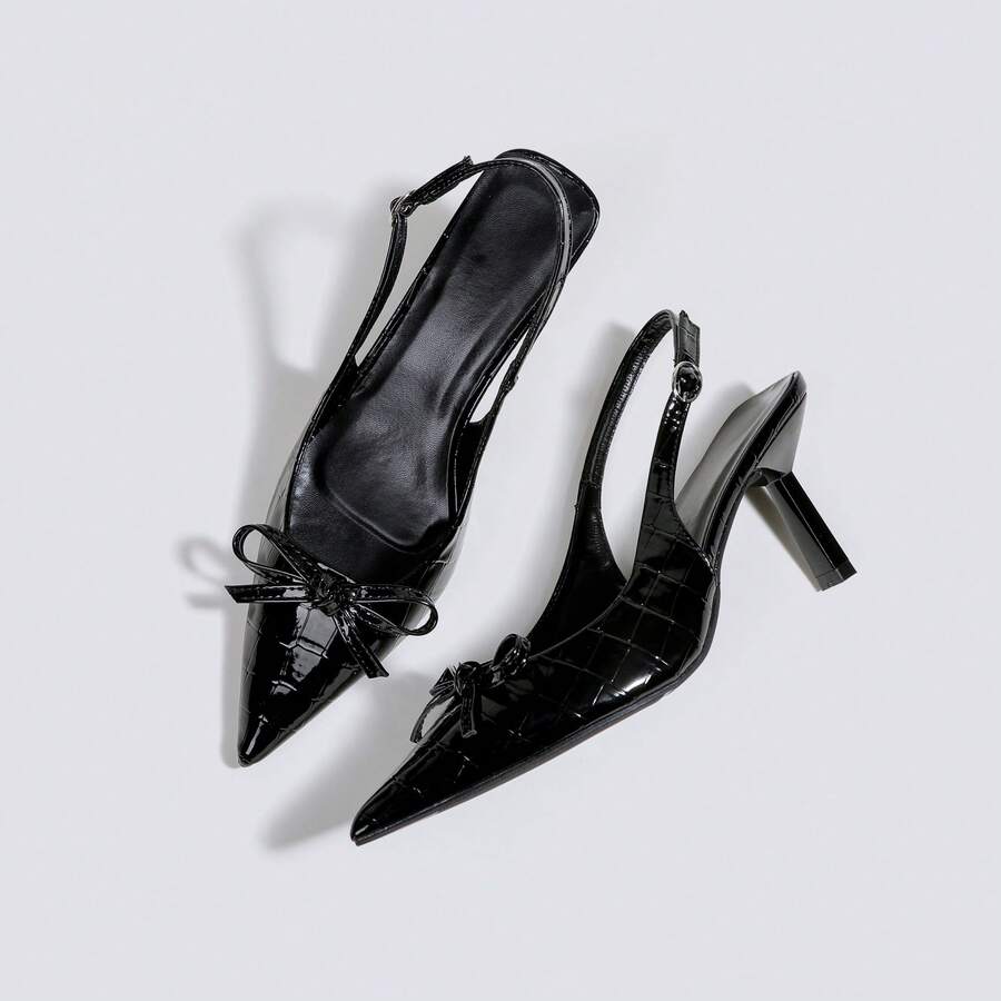 女士黑色蝴蝶结搭扣高跟鞋，露趾高跟鞋，派对高跟鞋，婚鞋，玛丽珍鞋，正装鞋，高跟凉鞋，无后跟尖头套脚高跟鞋 - 黑色 - 查看 1