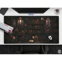 Gothic Witchy Bookshelf Mousepad, Floral Dark Academia Desk Ma, Books Skulls & Candles, Occult Lover Gift For Home Office, Bookish Decor - Hình chữ nhật - Xem 10