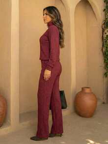 Women's Set Long Sleeve Cold Weather Blouse And High Waist Straight Pants Knit Cold Winter Elegant Fashion REF: Jennifer - 紅木色 - 查看 3