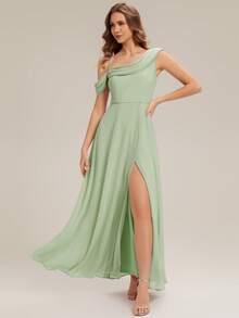 EVERPRETTY 优雅雪纺不对称领口伴娘礼服，适合派对穿着 - 薄荷綠 - 查看 6