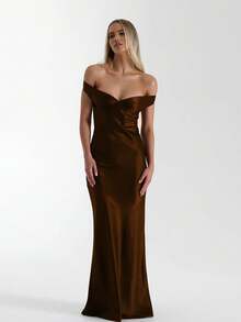 Women's Luxury Mermaid Satin Long Dress - Elegant Off Shoulder Evening Dress - 咖啡 - 查看 1