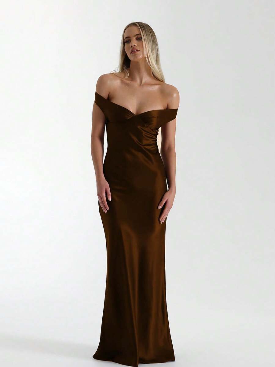 Women's Luxury Mermaid Satin Long Dress - Elegant Off Shoulder Evening Dress - 咖啡 - 查看 1