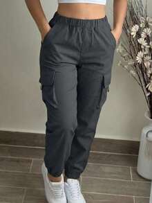 1pc Girls/Teens Loose Flap Pocket Side Drawstring Outdoor Cargo Pants, Spring/Summer/Autumn - Dark Grey - View 4