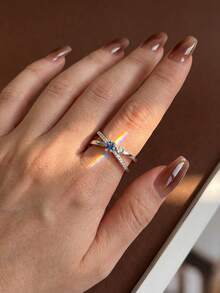 1枚S925纯银X形锆石戒指，精致女士首饰，生日/派对礼物 - 藍鋯 - 查看 2