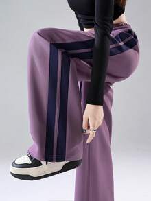 JUTU 3-Pack Women's Spring/Autumn Elastic Waist Drawstring Straight Leg Sweatpants With Side Stripe, Loose Comfortable Fit, Purple, Heather Grey, White - 1A55 Purple + Gray + White - View 2