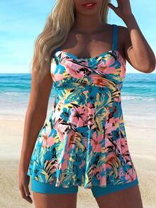 Tie-Dye Print Off-Shoulder Backless Plus Size Women's Tankini Swimsuit - 彩色 - 查看 1