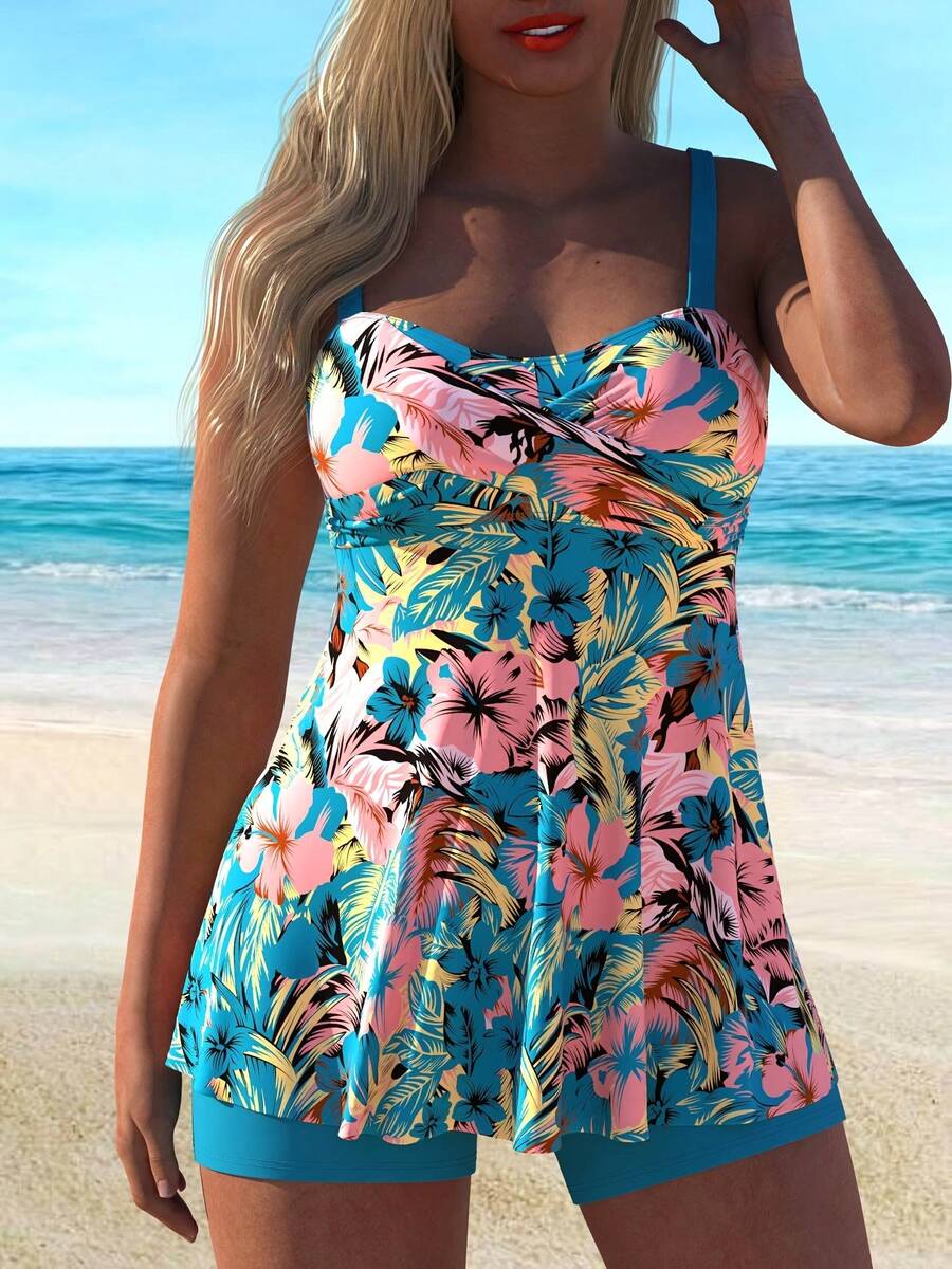 Tie-Dye Print Off-Shoulder Backless Plus Size Women's Tankini Swimsuit - 彩色 - 查看 1