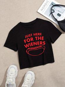 Ladies' T-Shirts Ladies' Crop Top T-Shirts Pure Material Juneteenth Independence Day Gifts-Funny 'Just Here For The Wieners' Graphic Tee - Casual Crop Top With Bold Red Print, Perfect For Food Lovers And Summer Outfits - Black - View 1