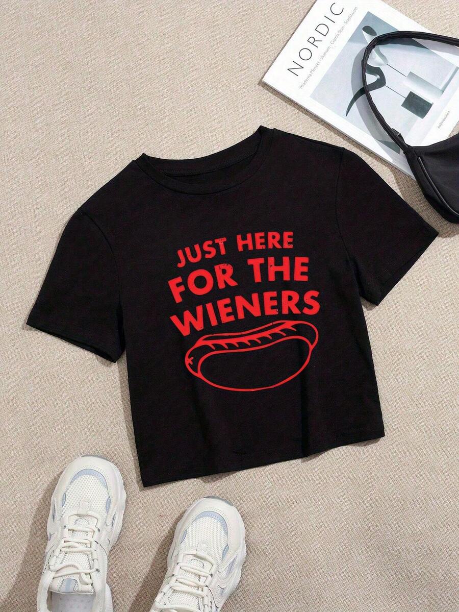 Ladies' T-Shirts Ladies' Crop Top T-Shirts Pure Material Juneteenth Independence Day Gifts-Funny 'Just Here For The Wieners' Graphic Tee - Casual Crop Top With Bold Red Print, Perfect For Food Lovers And Summer Outfits - Black - View 1