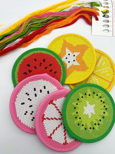 6pcs Cross-Stitch Coaster DIY Set, Mushroom Or Fruit Designs, Handmade Coasters Make Warm Gifts For Friends And Family
