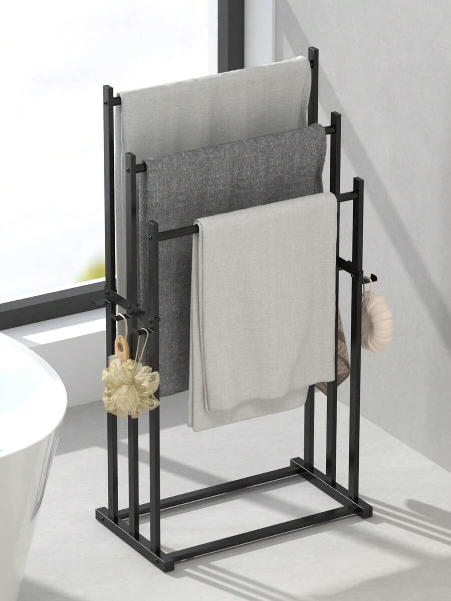 1pc Modern Freestanding Towel Rack, Elegant 3-Tier Black Bathroom Towel Holder With Hooks, Sturdy Floor Standing Towel Bar - Black - View 1