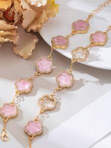 2pcs Luxury Elegant Crystal Hollow Clover Sweet Pink Clover Bracelets, Women Jewelry Gift For Valentine's Day - Pink - View 2