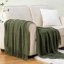 Olive Green Throw Blanket For Couch, Army Green Blanket With Tassels For Home Decor,Boho Decorative Knitted Throws, Living Room Decor, 50"X60" - Màu xanh Ô liu - Xem 6