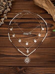 2pcs/Set Bohemian CCB Beaded Sunflower Pendant Necklace Chain, Elegant Fashion For Party, Street Style, Couple Date, Women's Holiday Versatile Jewelry Necklace - Necklace - View 6