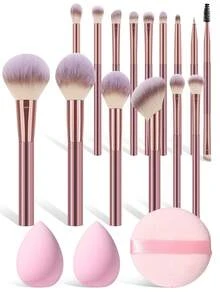 18 PIEZAS Juego de herramientas de maquillaje que incluye: 15 PIEZAS Juego de brochas de maquillaje + 2 PIEZAS Esponjas de maquillaje + 1 pieza Borlas circulares para polvo - Rosa - Ver 1