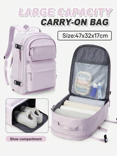 Large Capacity Travel Backpack With Shoe Compartment, 180° Opening Waterproof Carry On Backpack With Wet & Dry Separation Pouch, Lightweight Weekender Bag For Women, Ideal For Airplane, Business Trip, Hiking & Daily Use