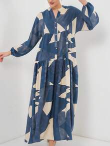Elegant And Dignified Women's Long Sleeve Button Front Dress With Leaf Print, Slightly Stretchy Fabric, Suitable For Party Wear - Gray Blue - View 8
