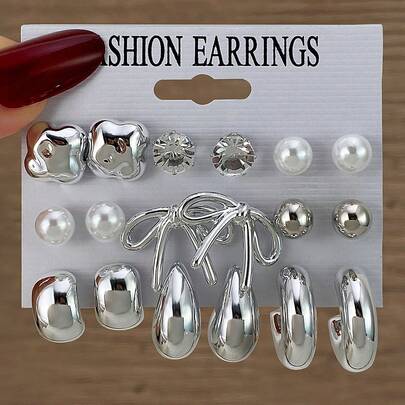 VKME 9件套金属材质蝴蝶结珍珠不对称卡片耳环